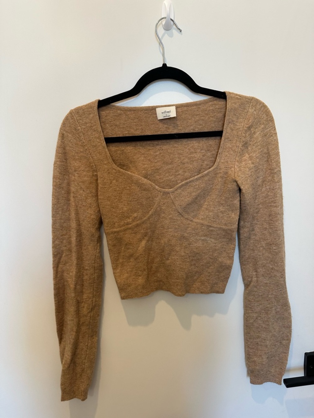 Aritzia Wilfred Camel Cropped Square-Neck Sweater Top